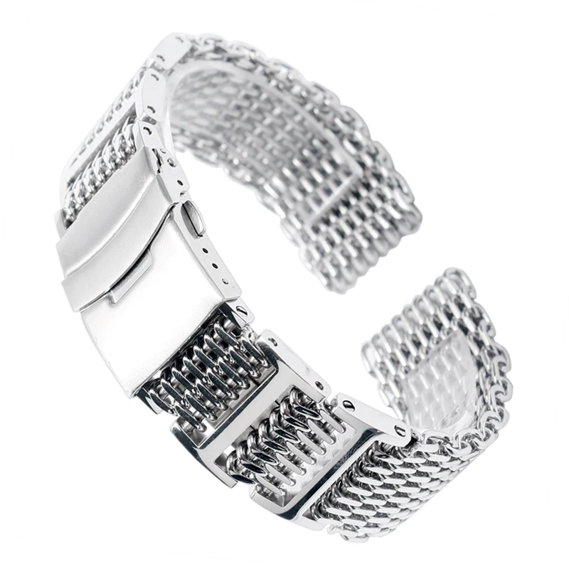 20/22/24mm HQ Shark Mesh Silver Stainless Steel Watchband Replacement Bracelet Men Folding Clasp with Safety Watch Band Strap