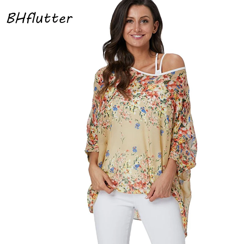 Bhflutter 4XL 5XL 6XLプラスサイズ 2019 女性シックな花柄シフォンブラウスシャツセクシーなオフショルダー夏トップスチュニック