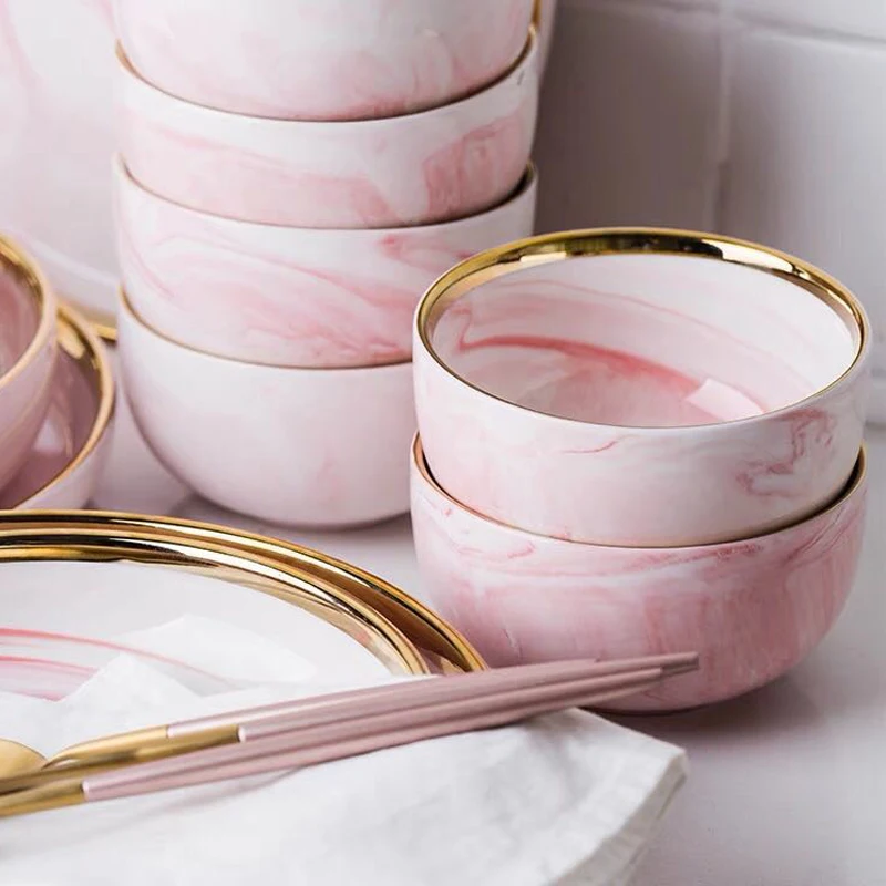 1pc Pink Marble Ceramic Dinner Dish Plate Rice Salad Noodles Bowl Soup Plates Dinnerware Sets Home Tableware Kitchen Cook Tool