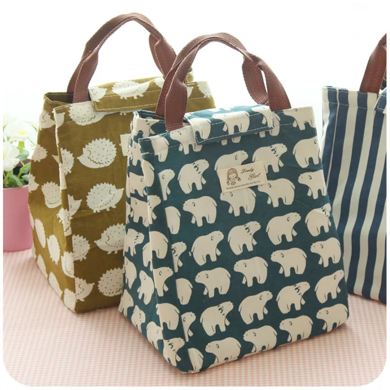 New 2 pcs Waterproof Canvas Cartoon Animal Folding Shopping Reusable Superior Quality Canvas Bag Handheld thermal insulation bag