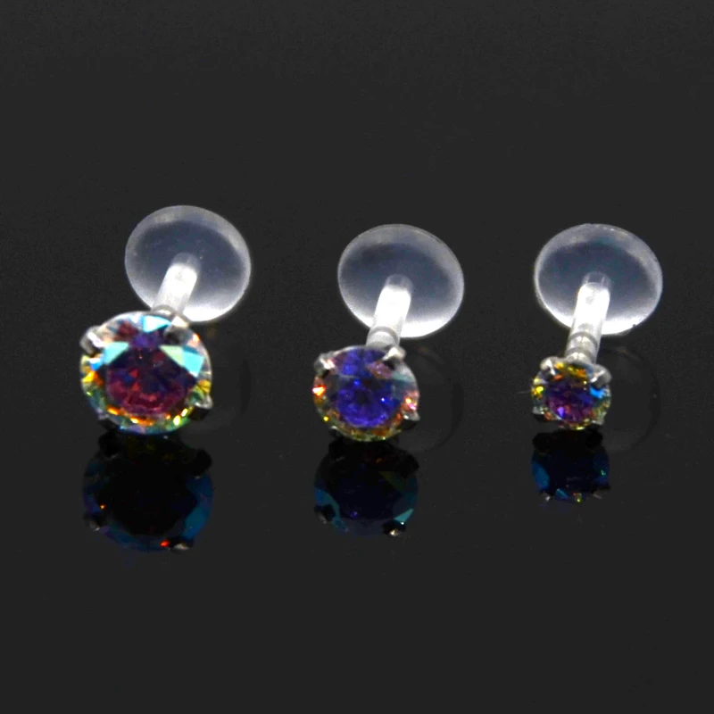 Showlove-1PCS Aurora Multicolor Gem Bioplast Labret Flexible Monroe Labret Lip Bar Ring Earring Push Fit Top 16g