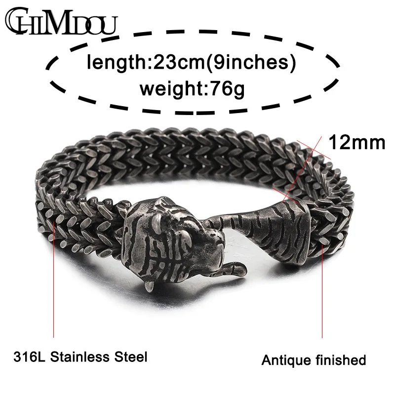 CHIMDOU Punk Rock Black Color Stainless Steel Mens Chain Link Bracelets Tiger head Bracelets Turkish Men Jewelry AB675