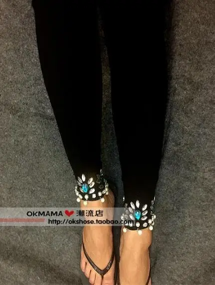 spring summer national style pearls women skinny rhinestones ankle length leggings