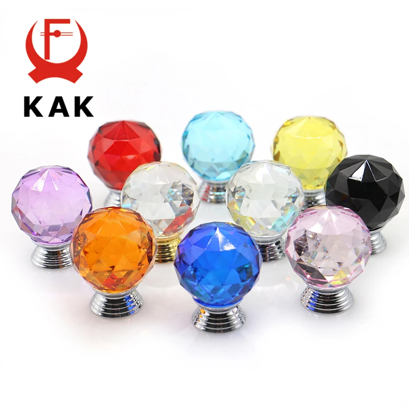 KAK 30mm Crystal Glass Knobs Cabinet Handles Colorful Crystal Ball Cupboard Pulls Drawer Knobs Kitchen Furniture Handle Hardware