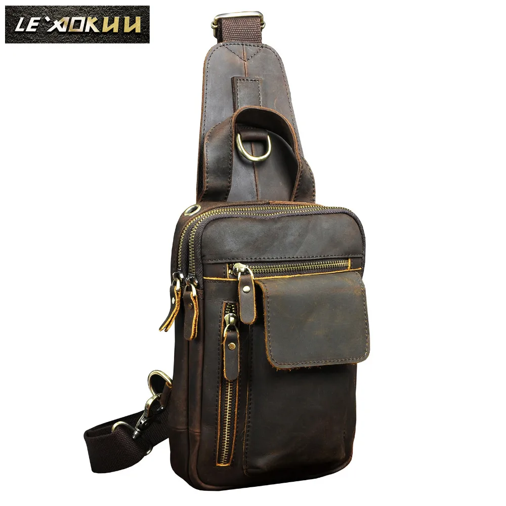 Men Quality Leather Fashion Casual Chest Sling Bag Brown 8\