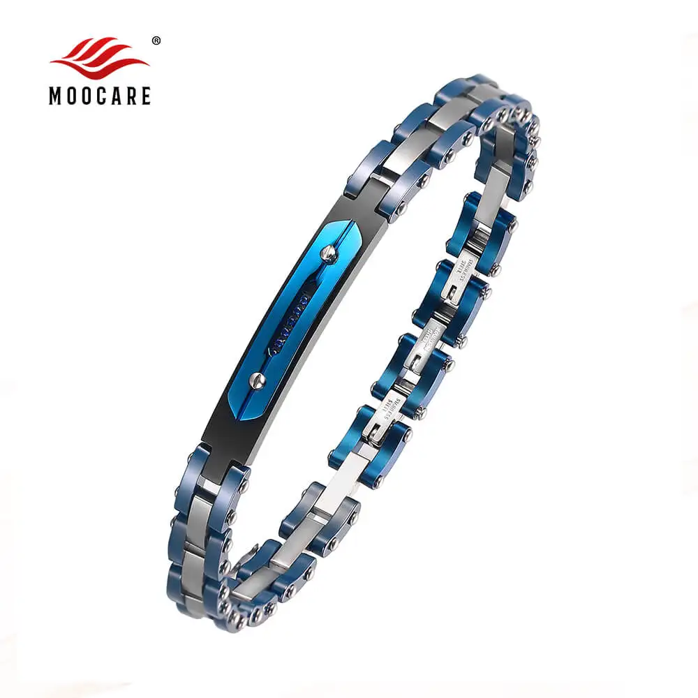 Moocare Stainless Steel Bracelet Cuff Blue Thin Metal with Ceramics Inlaid Zircon Wrist Hand Charm Chain For Male