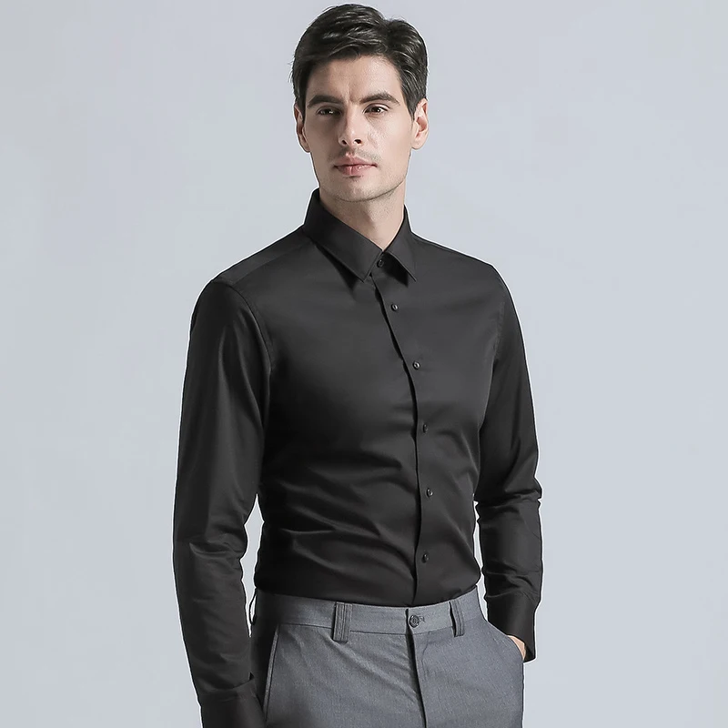 

Men's High Quality Solid Color Fashion Shirts Mens Regular Fit Shirts Long Sleeve Formal Business Suits Men Shirts Black