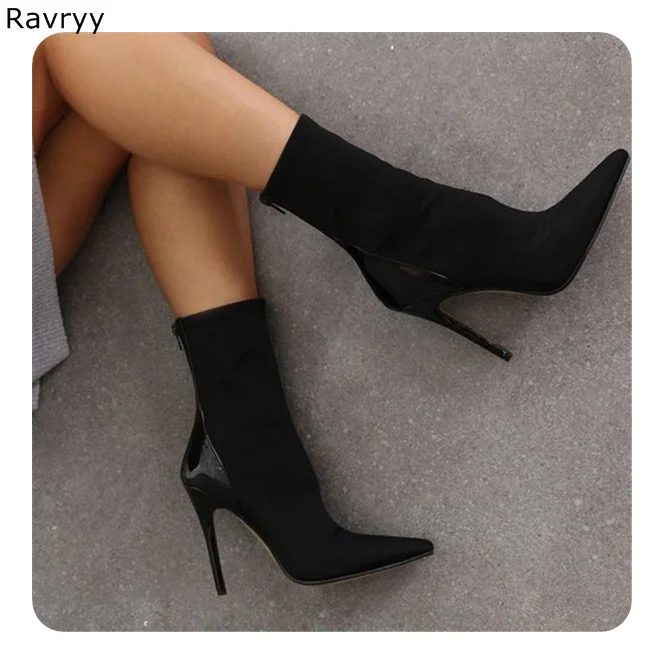 

Women short boots elastic fabric black shoe patch work woman ankle boot thin heel pointed toe autumn winter fashion female shoes