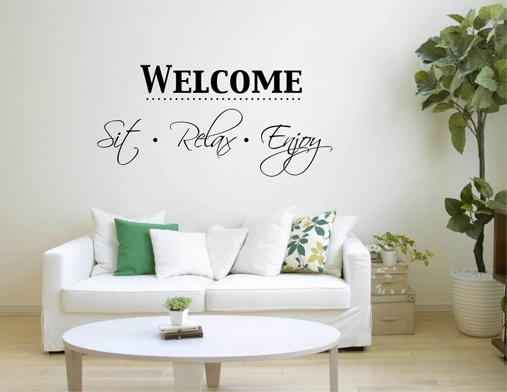 Vinyl Wall Word Decal Welcome Sit Relax Enjoy Wall Stickers Home Decor Living Room Entrance Wall Ornament Decals Shop WindowD772