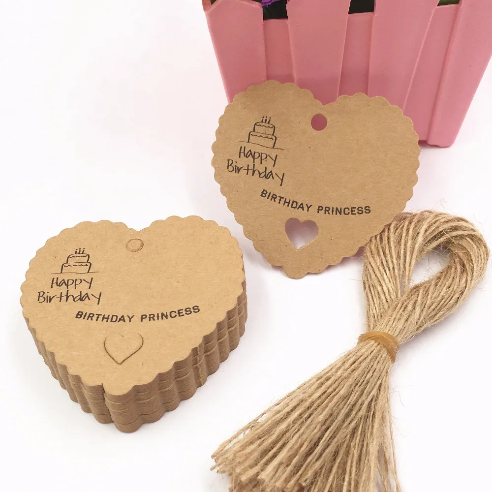 100pcs DIY Kraft Paper Tags Brown Heart Shape Label Luggage Wedding Note Hang tag Kraft Gift tags+100pcs hemp strings