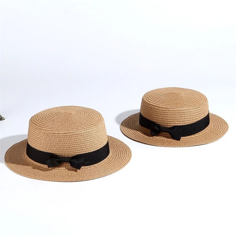 2022 simple Summer Parent-child Beach Hat Female Casual Panama Hat Lady Brand Women Flat brim Bowknot Straw cap girls Sun Hat