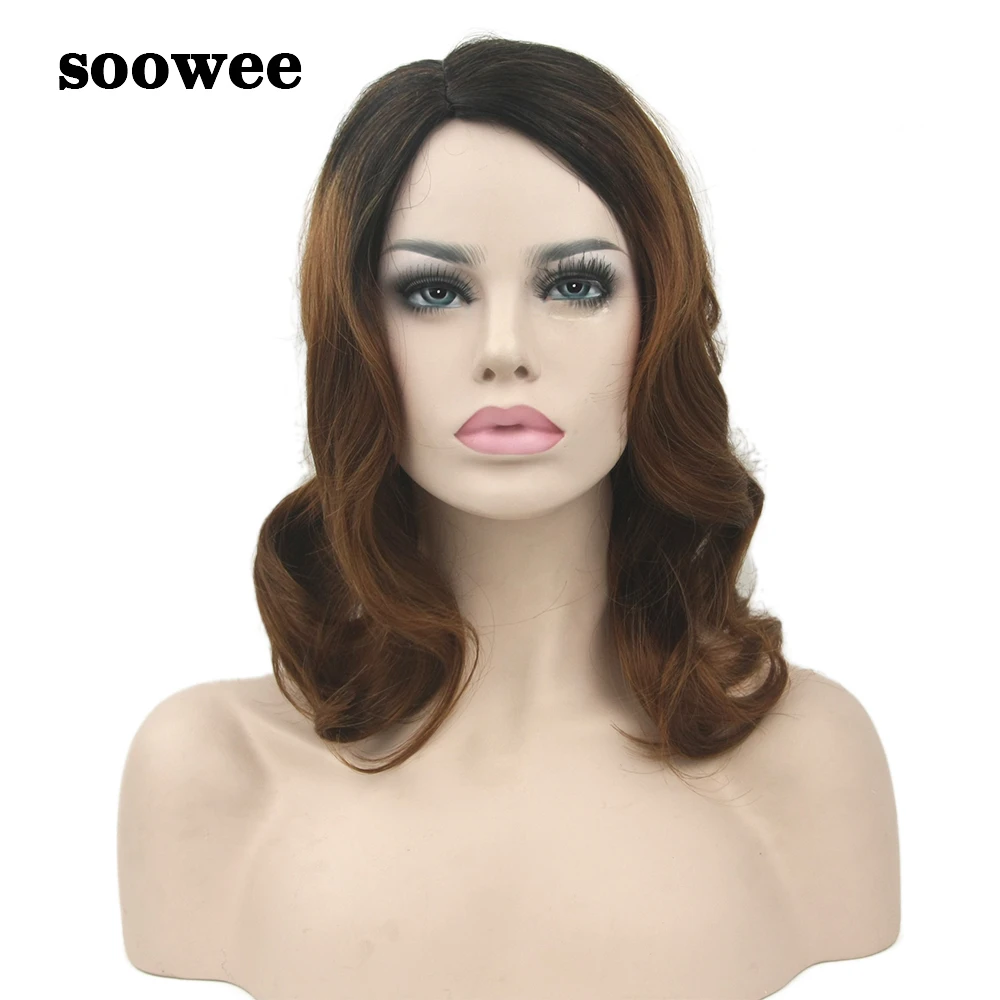 Soowee False Hair Black To Brown Ombre Wig Bady Wavy Medium Synthetic Hair Wigs-female Hairpiece Cosplay Wigs for Women