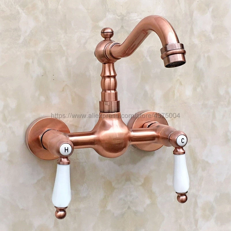 

Antique Red Copper Wall Mounted Basin Faucets Double Handle Dual Hole Bathroom Sink Washbasin Water Mixer Tap Nrg035