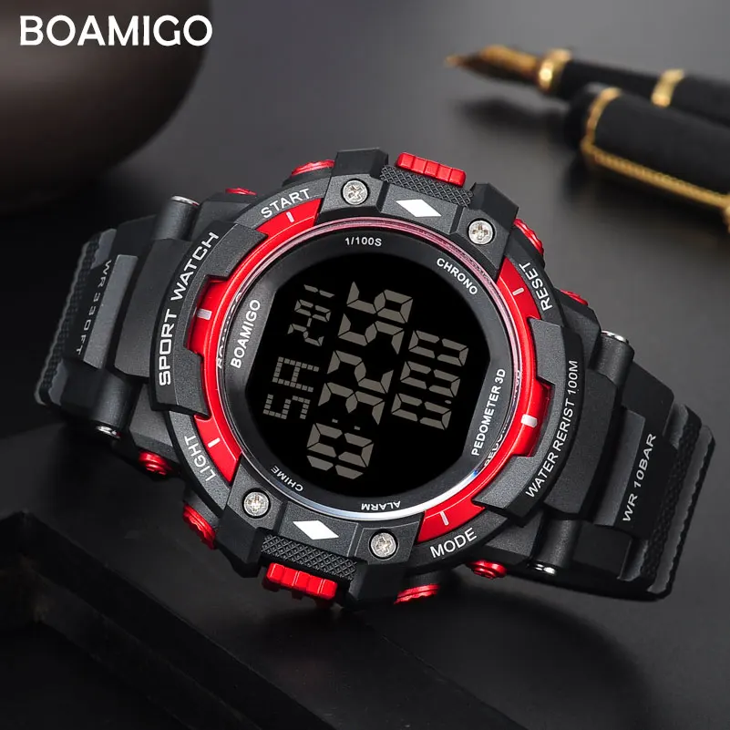 100m water resistant men sports watches BOAMIGO brand pedometer calories LED digital watches swimming wristwatches reloj hombre