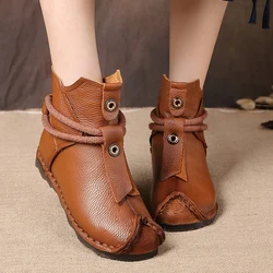 Winter Genuine Leather Women Boots Lady Handmade Soft Ankle Boot Women comfortable casual shoes Woman national style short boots