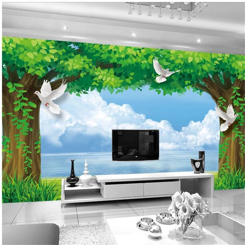 

beibehang HD 3d stereoscopic wall paper green tree murals TV backdrop wallpaper living room bedroom waterfall papel de parede