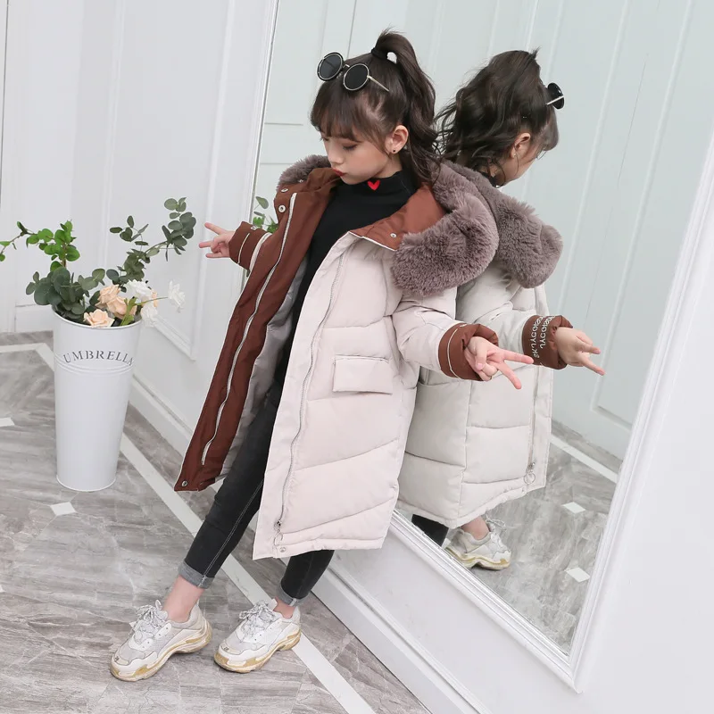 2024 Fashion Children Winter down cotton Jacket Girl clothing Kids clothes Warm Thick parka Fur Collar Hooded long Coats 3-14Y