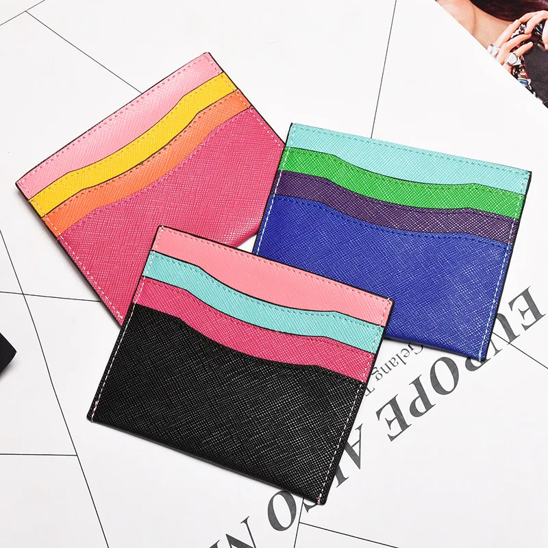 

Lovely Grils Rainbow Color Slim Card Wallet Genuine Leather Cute Student Card Holder Young Credit Card Case Mini Women Purse