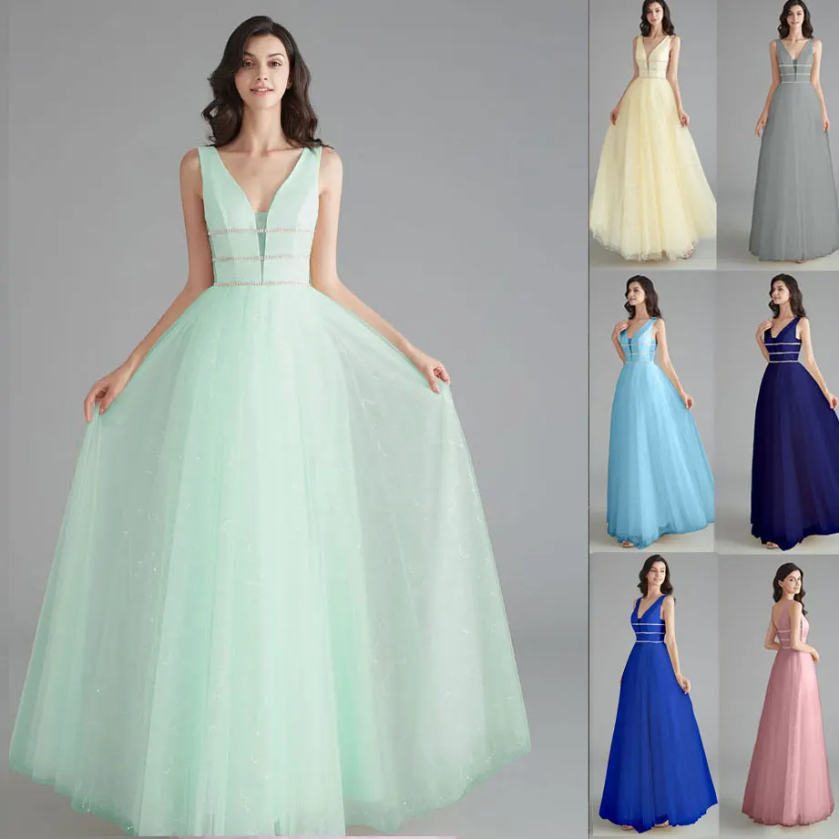 เซ็กซี่VคอชุดราตรียาวTulle 2020 อย่างเป็นทางการGownsเลื่อมA-LineเปิดกลับVestido De Noiva