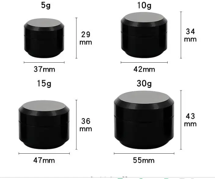 20pcs/lot 5g/10g/15g/30g/50g Empty Cream Jar Plastic Cosmetic Packaging Bottle Black Eyeshadow Makeup Packaging Pot