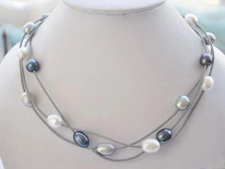 

Elegant Handmade Real Pearl Jewelry 3row 18'' 14mm White Gray Black Rice Freshwater Pearl Gray Leather Necklace