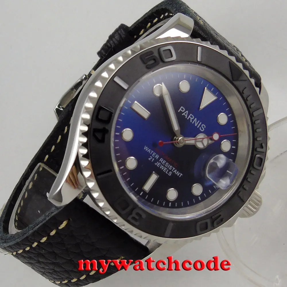 41mm Parnis blau zifferblatt saphirglas Keramik lünette miyota automatische herren uhr