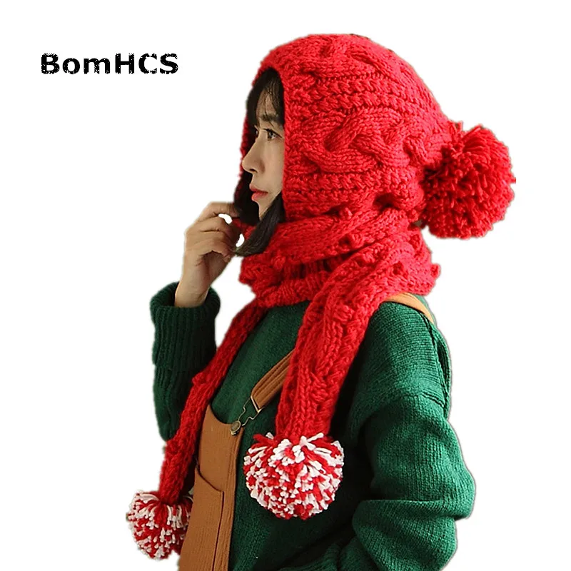 

BomHCS 17 COLORS Beautiful Women's Beanie with Scarf Cute Big Pompoms Knitted Hat Caps Neckerchief 100% Handmade