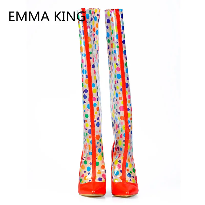 2019 moda Polka Dot PVC przezroczyste kobiety Over The Knee kalosze Pointed Toe Sexy drukuje buty na wysokim obcasie kobieta deszcz buty