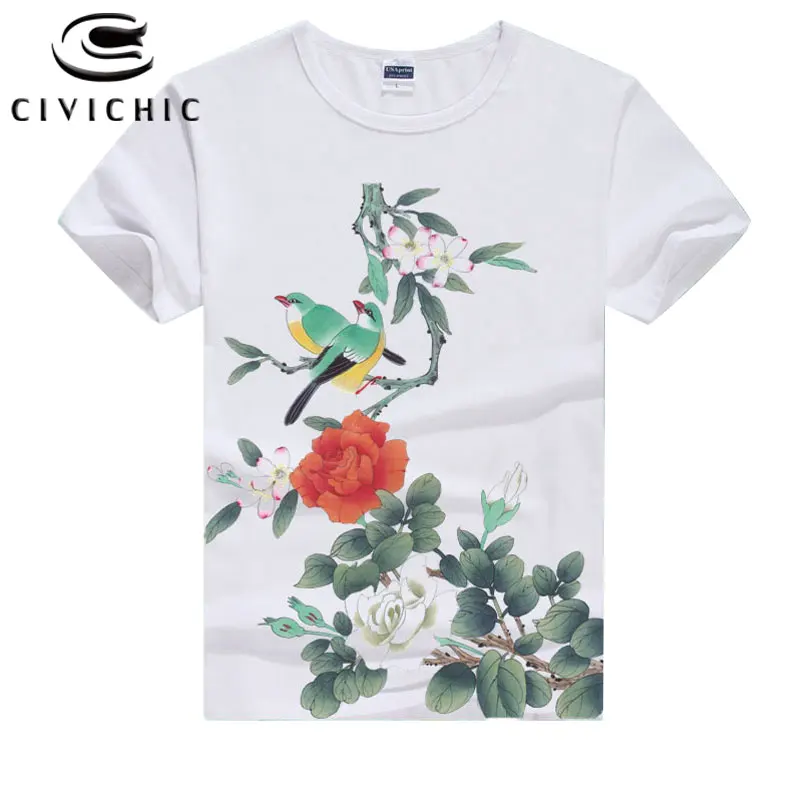 CIVI CHIC Chinese Style Man Groot T Shirt Women Ethnic Oil Painting Flower Birds Ink Print Couple Tshirt Plus Size Tops WST118