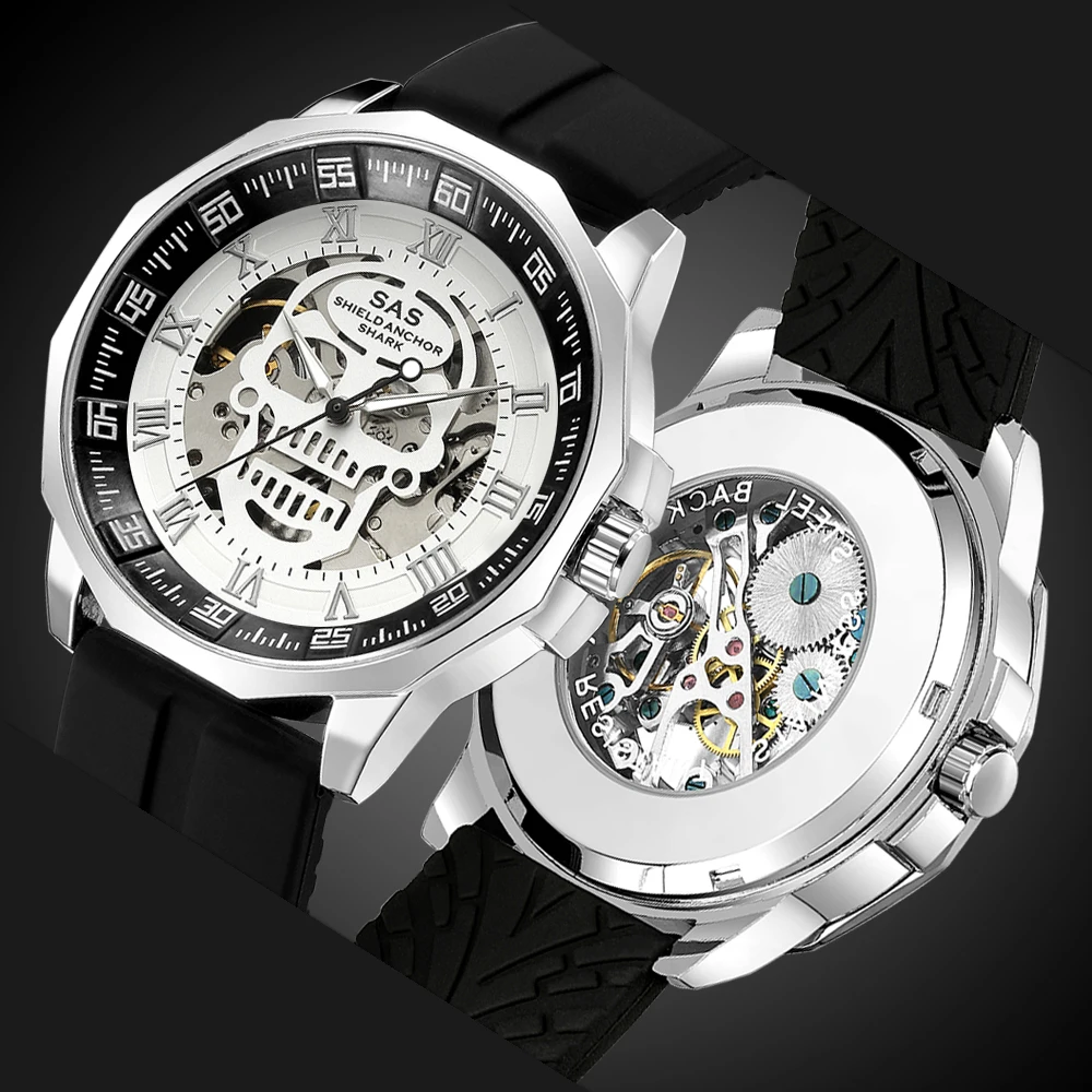 Shark Sports Watch Men Fashion 3D Skull Design SAS Shield Anchor Vintage Mechanical Watches Silicone Strap Skeleton Wirstwatch