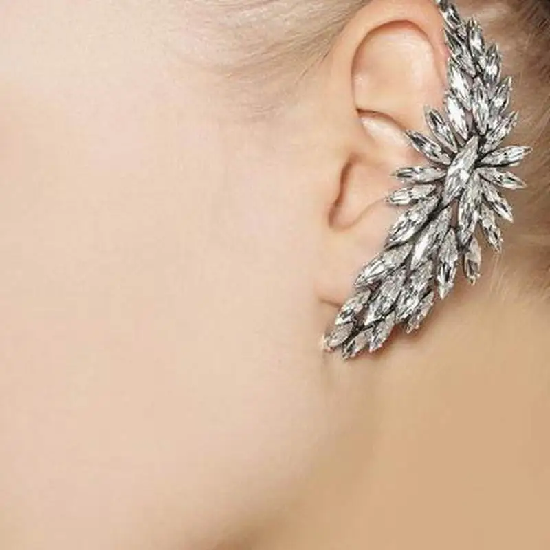 Feather Crystal Earrings Female Punk Ear cuff Clip One Piece Exaggerated Cuffs Earring For Women Punk Gothic Jewelry