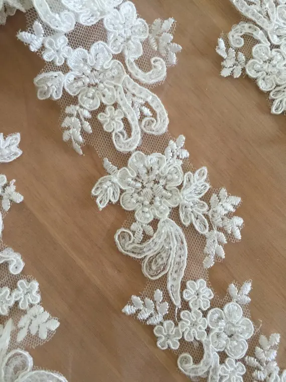 5 Yards Thin Pearl Beaded Lace Trim in Ivory , Bridal Veil Straps for Wedding Sash, Headband Jewelry Costume Design