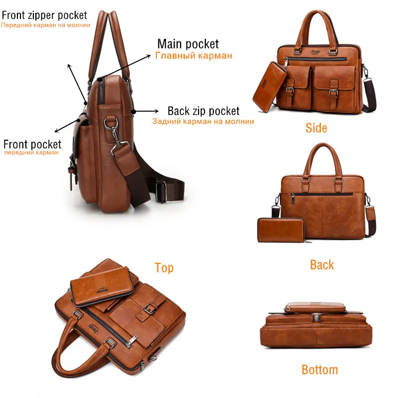 JEEP BULUO Brand Man\'sBusiness Briefcase Bag 2pcs/set Split Leather High Quality Men office Bags For 13. 3 inch Laptop A4 Causel