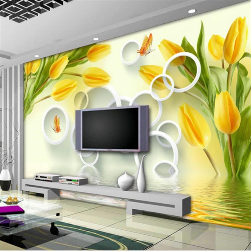 beibehang Custom fresco wallpaper 3d dream yellow tulip reflection stereo TV backdrop living room bedroom murals 3d wall paper