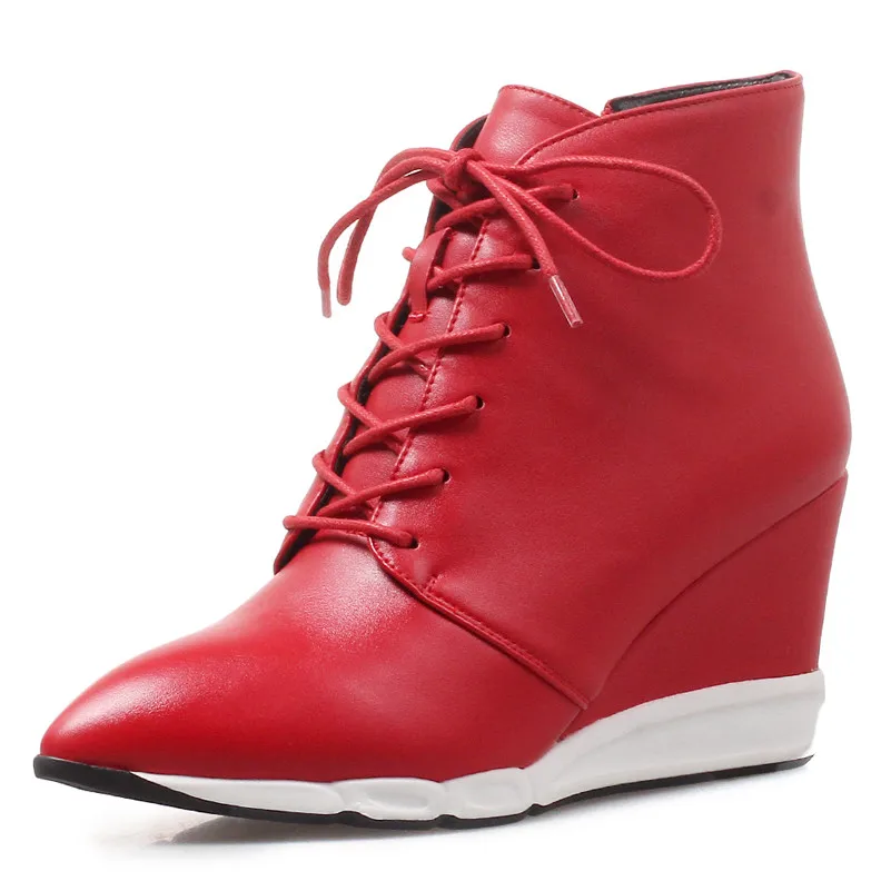 ANNYMOLI Winter Ankle Boots Women Boots Zipper Wedge High Heel Short Boots Lace Up Pointed Toe Shoes Ladies Fall Red Size 34-40