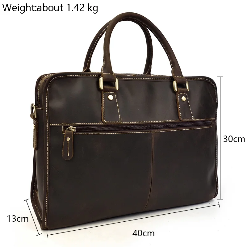 Men Full Grain Genuine Leather Briefcase 15 inch Laptop Business Shoulder Bag Crazy Horse Leather Portfolio Bag Dark Brown