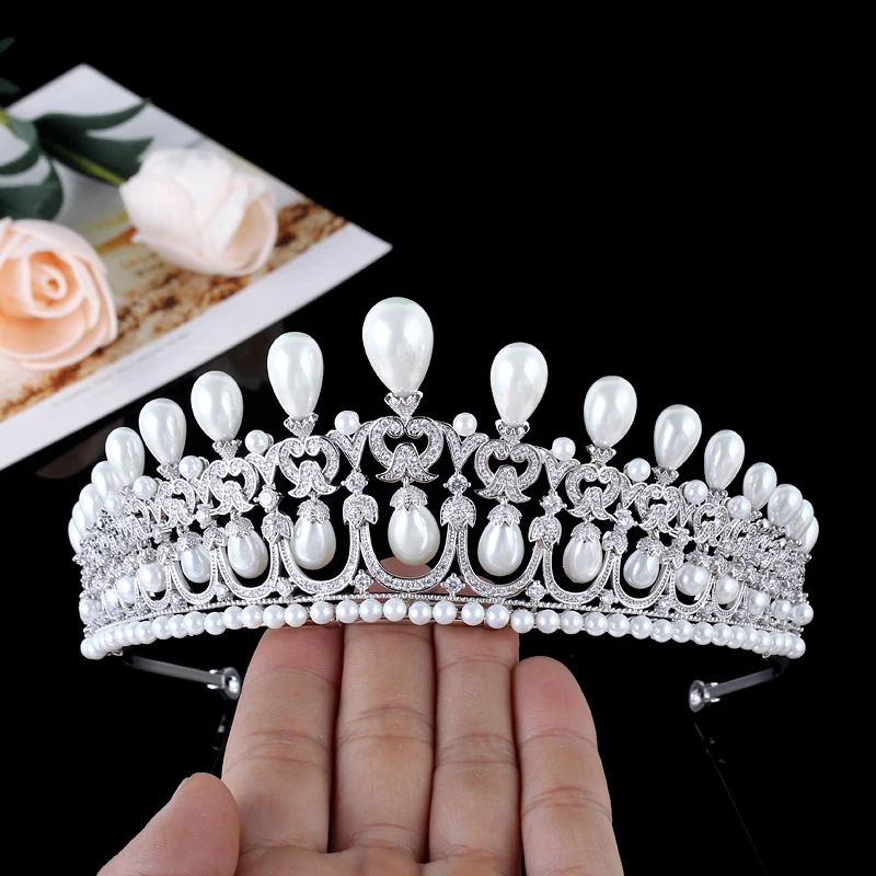 Amazing British Cambridge Lover's Knot Tiaras Cubic Zircon Hair Crown Water Drop Pearls Wedding Bridal Hair Accessories