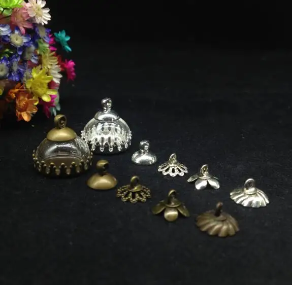 

50pcs 15mm half round glass dome antique bronze/silver crown base beads cap set glass vial pendant handmade glass dome necklace