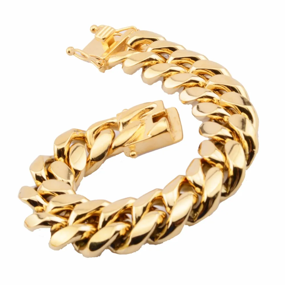 Granny Chic 8/10/12/14/16/18mm Wide 8-11inch Mens Gold Color 316L Stainless Steel Miami Curb Cuban Link Chain Bracelet Jewelry