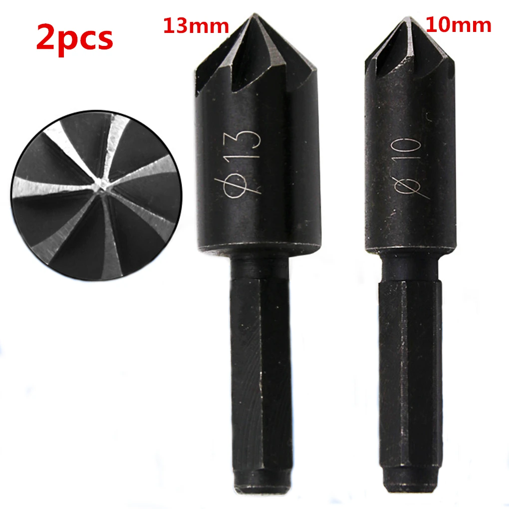 

2Pcs/Set 1/4 inch Hex Shank HCS 7 Flute Sink Chamfer Cutter Countersink Drill Bit Cutting wood soft metal plastic Tool Set