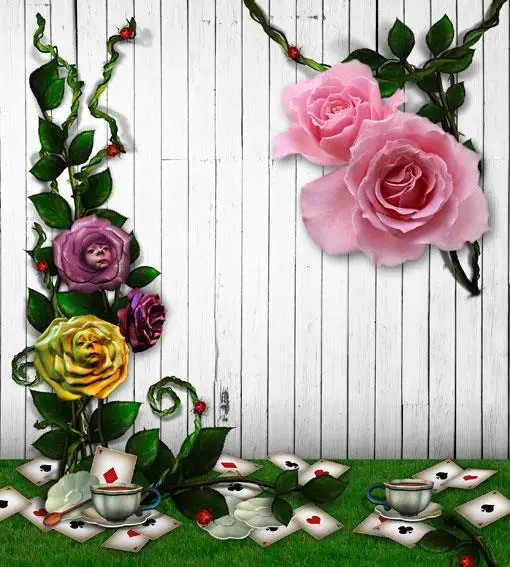 

Alice Wonderland Rose Flower grass Branch Cards White faux wood Wall Background Vinyl cloth Computer printed wall backdrop