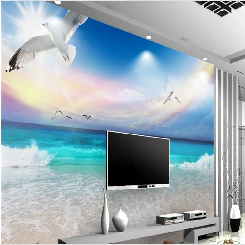 

wellyu Custom large frescoes blue sky and white clouds aesthetic beach seaview TV backdrop wallpaper papel de parede