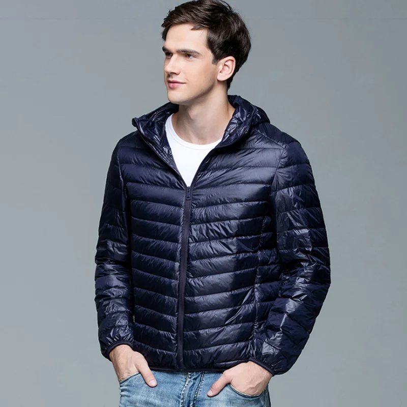 Abrigo de plumón de pato con capucha para hombre, chaquetas ultraligeras, Parkas de relleno de plumas delgadas portátiles, 0-10 ℃, 5XL, 6XL, moda de