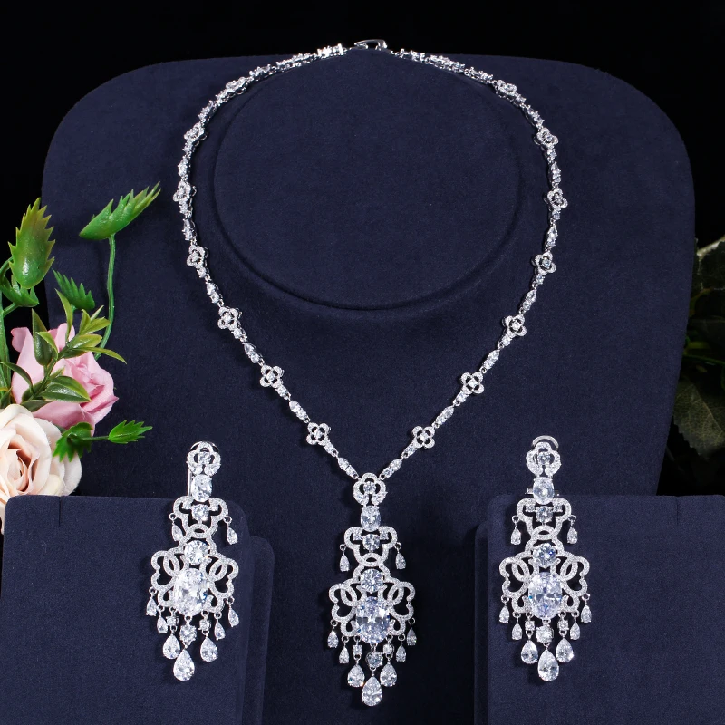 BeaQueen Green Crystal Micro Pave CZ Stone Large Hanging Drop Earrings Necklace Set for Women Wedding Jewelry Gift JS030