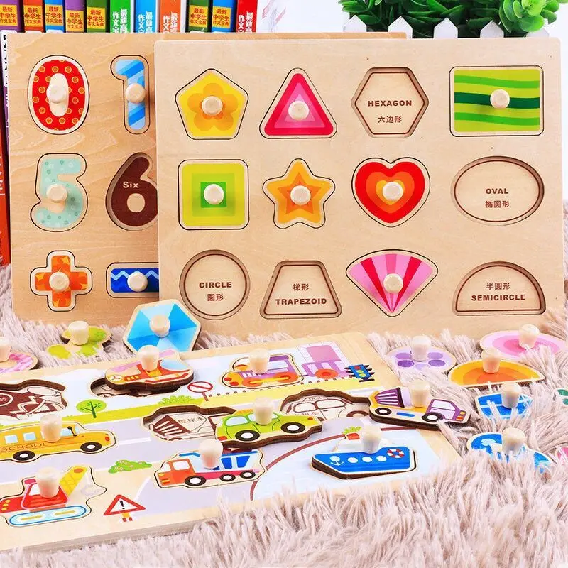 1PCS Wooden Puzzles For Children Educational Toys Cartoon Grab Knob Puzzles Toy