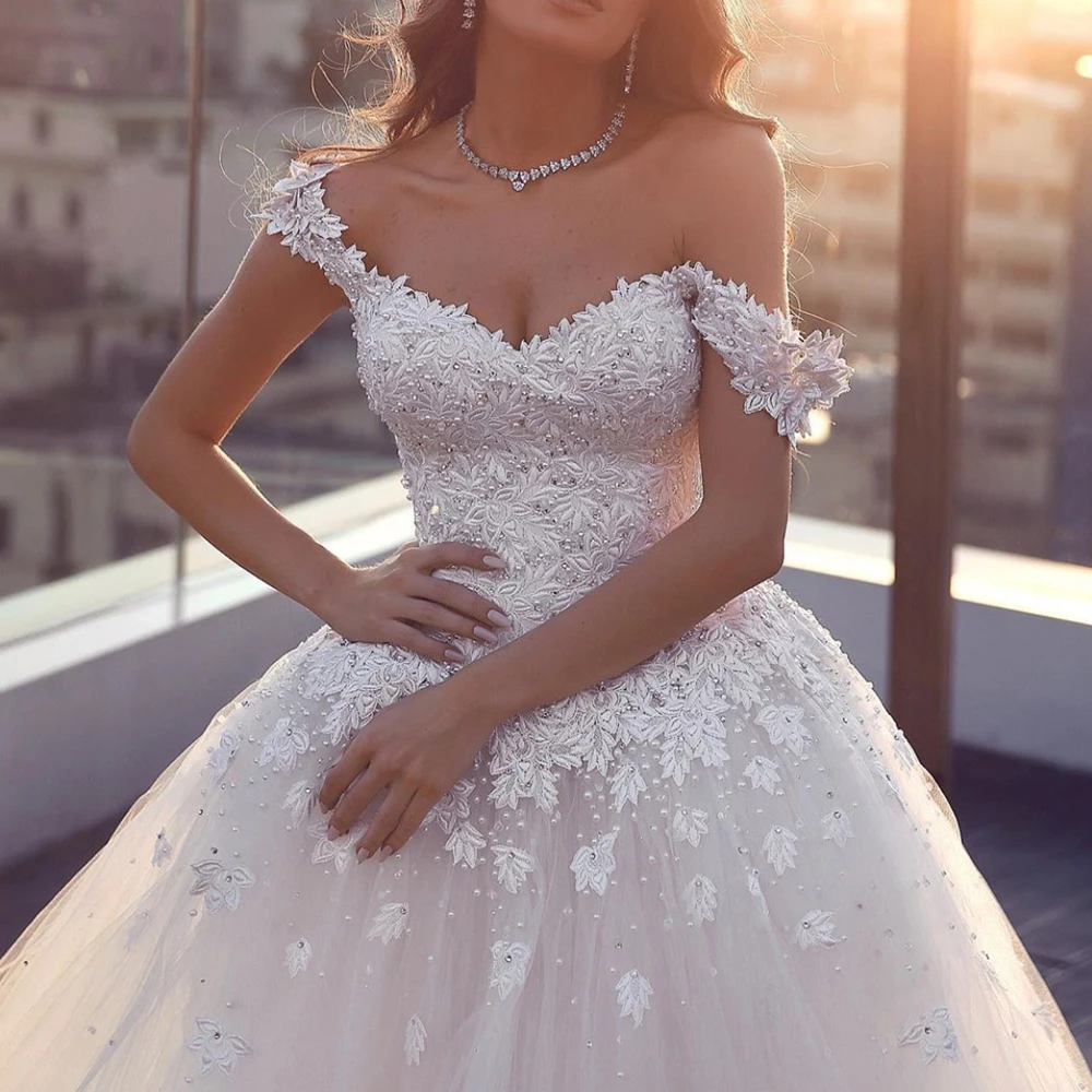 Bầu Áo cưới 2020 ren appliques Chiếu trúc hạt kim sa lấp lánh ren pha lê tulle tầng dài cô dâu Đầm vestidos de noiva