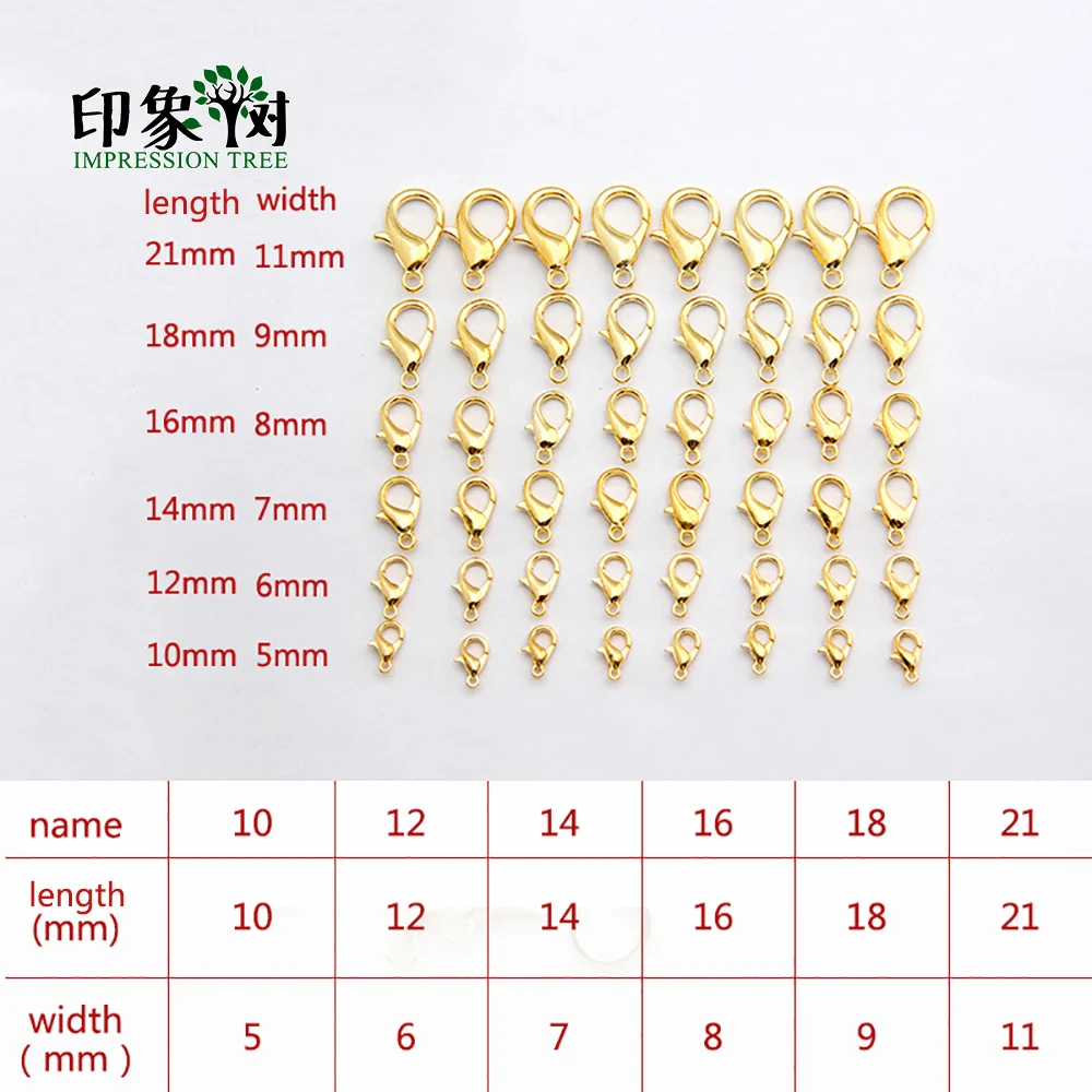 Golden Plated 10/12/14/16/18/20mm Metal Beads Lobster Clasps Claw Hooks Nickle Lead Cad free For DIY Jewelry Making Finding 1123