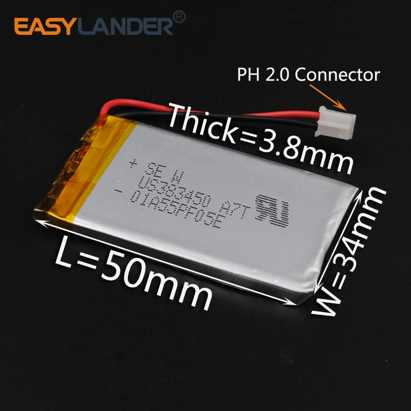 JST2.0 2P 3.7V 650mAh 383450 Rechargeable Lithium Li-ion Li Polymer Battery