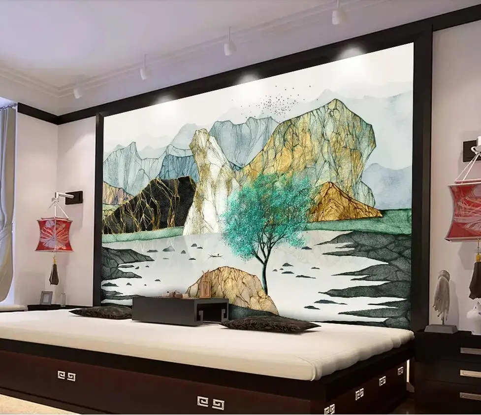 Nieuwe Chinese Moderne Zen Licht Luxe Abstracte Inkt Landschap Achtergrond Muurschildering