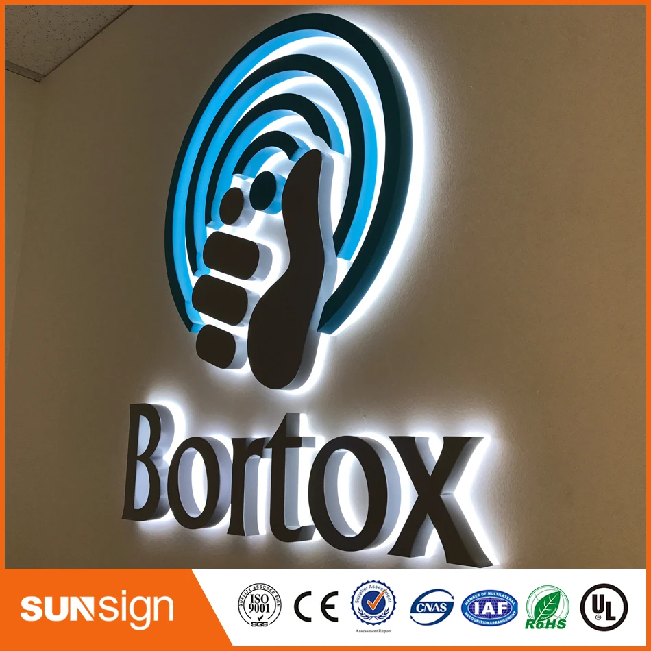 Outdoors illuminated channel letters, stainless steel backlit led sign